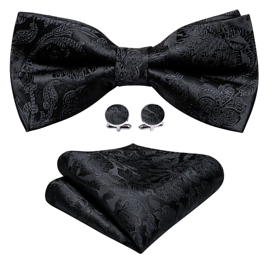 Black Neck Tie Paisley Pre-tied Bow Tie Hanky Cufflinks Set