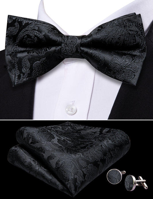 Barry. Wang Solid Black Bow Tie Hanky Cufflinks Set for Men Silk Pre-tied Bowtie for Wedding Party