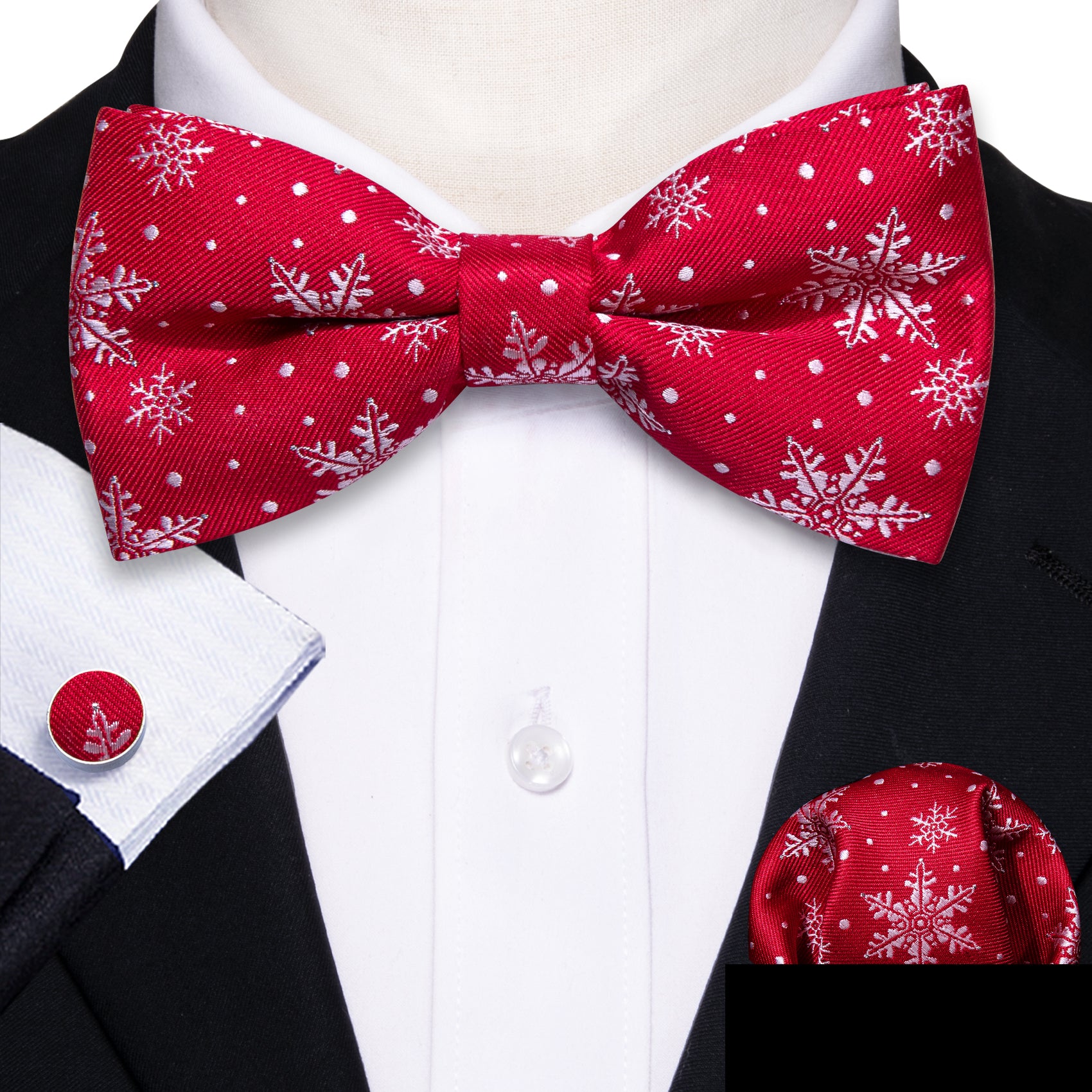 Christmas Red White Snowflake Pre-tied Bow Tie Hanky Cufflinks Set