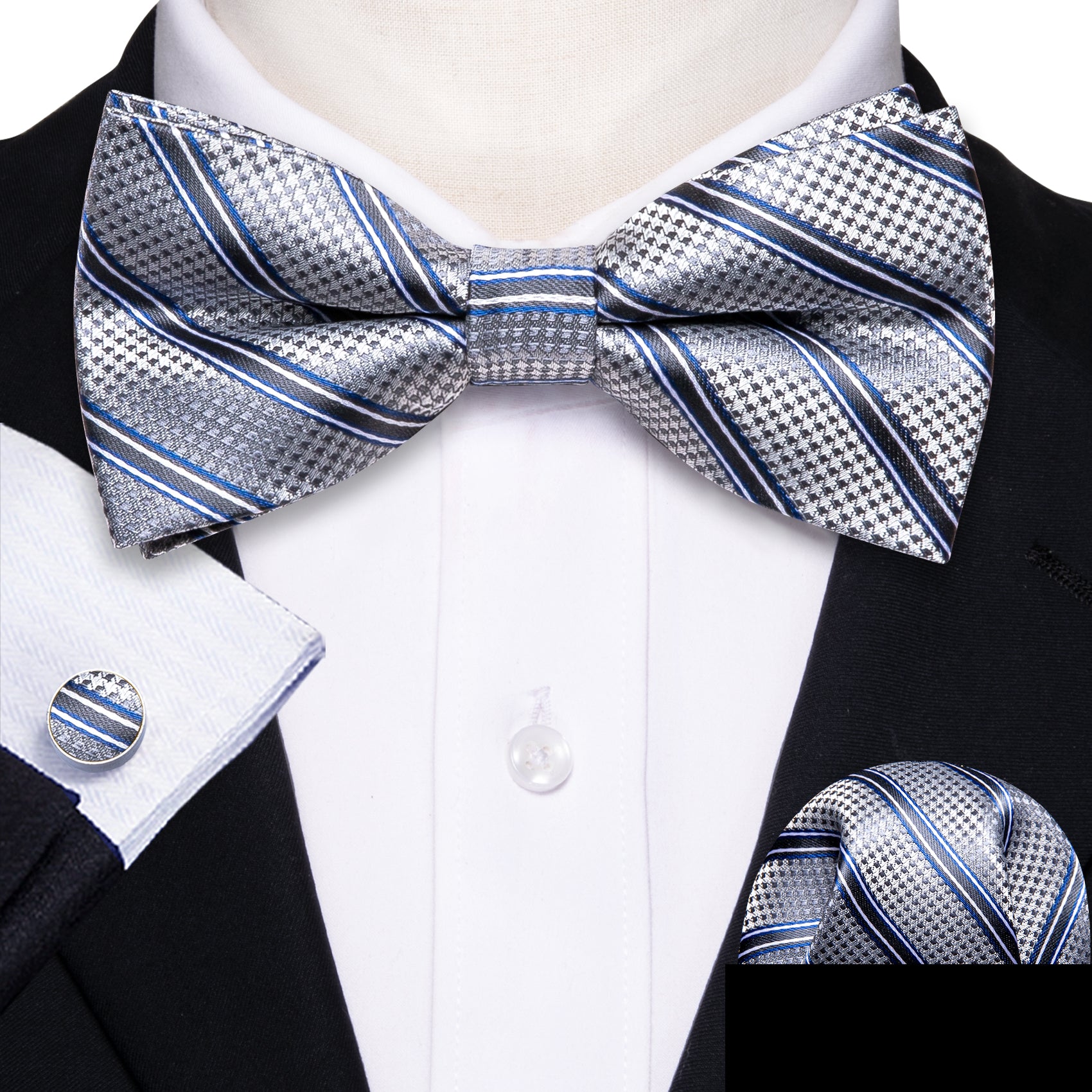 Silver Blue Striped Bow Tie