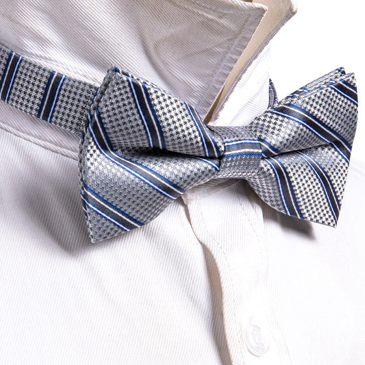 Barry. Wang Silver Striped Bow Tie Pre-tied Tuxedo Formal Bow Tie for Men Hanky Cufflinks Set for Party