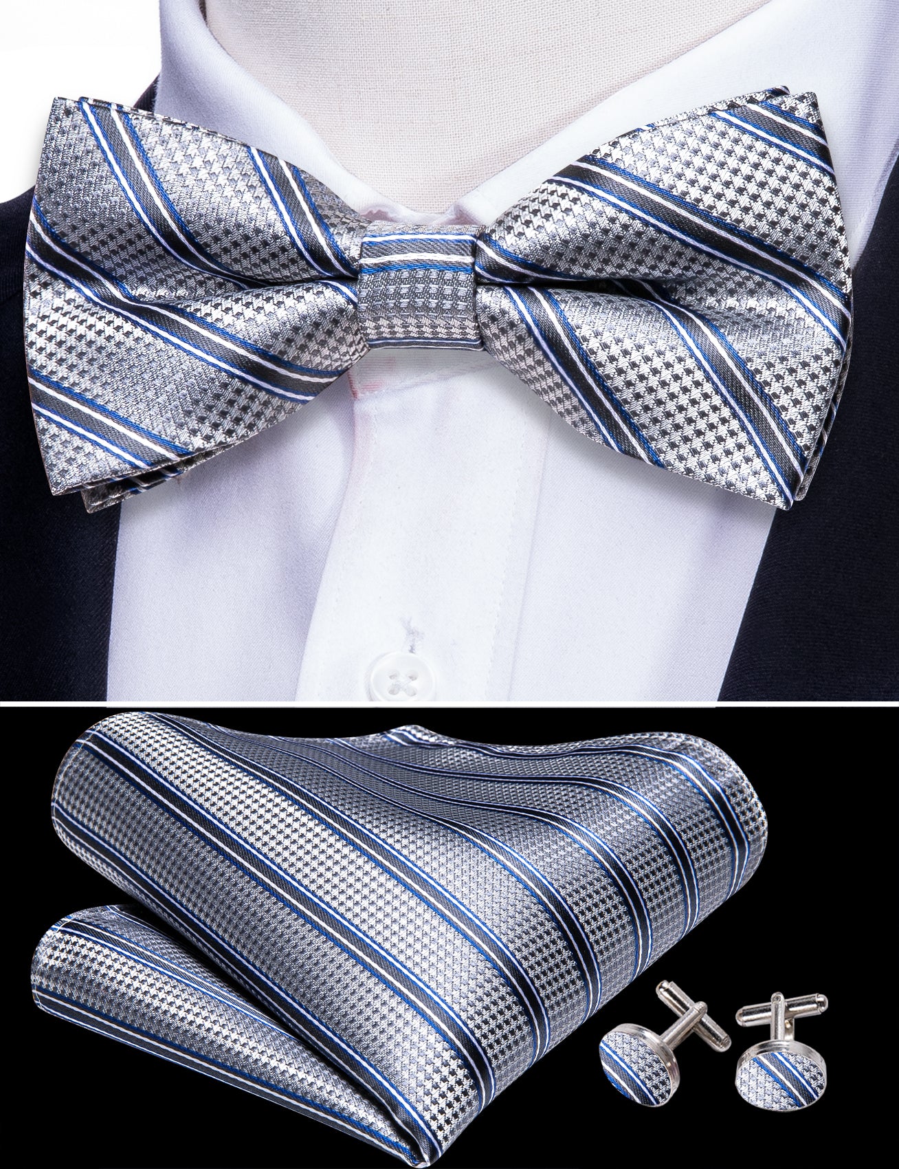Silver Blue Striped Bow Tie
