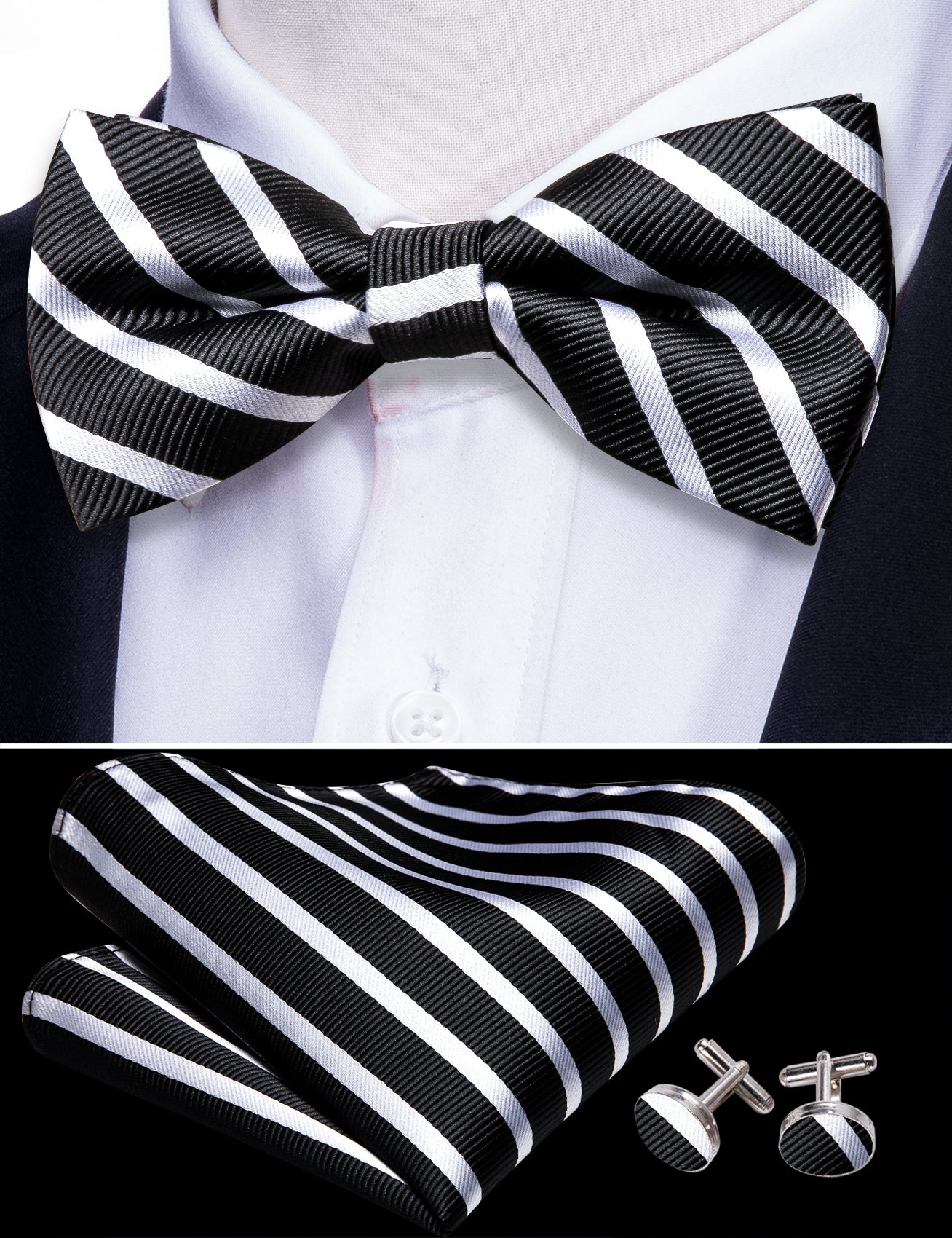 Black White Striped Pre-tied Bow Tie Hanky Cufflinks Set