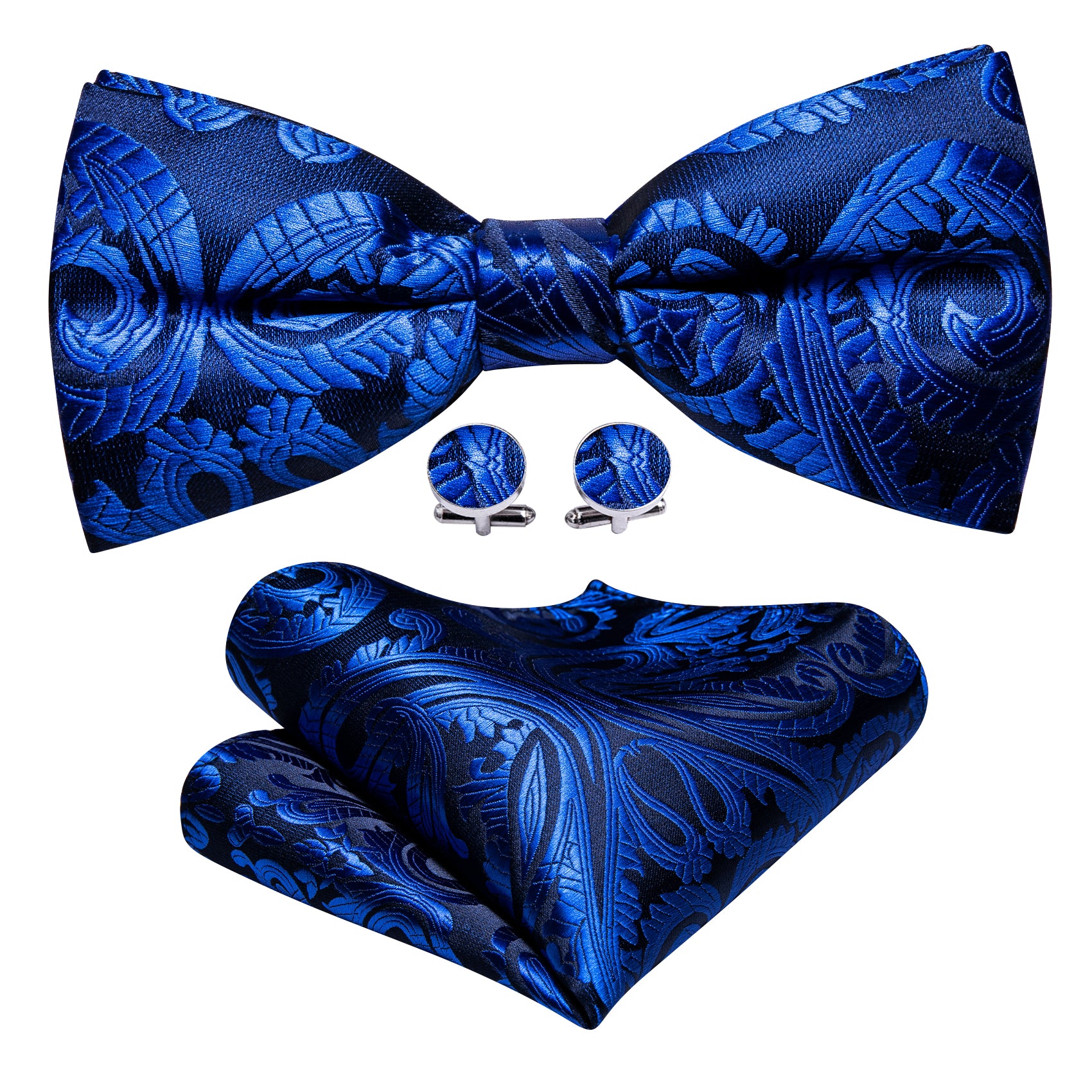 Bright Blue Paisley Pre-tied Bow Tie Hanky Cufflinks Set