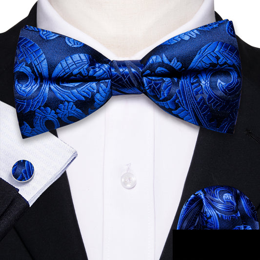  Bright Blue Paisley Pre-tied Bow Tie Hanky Cufflinks Set