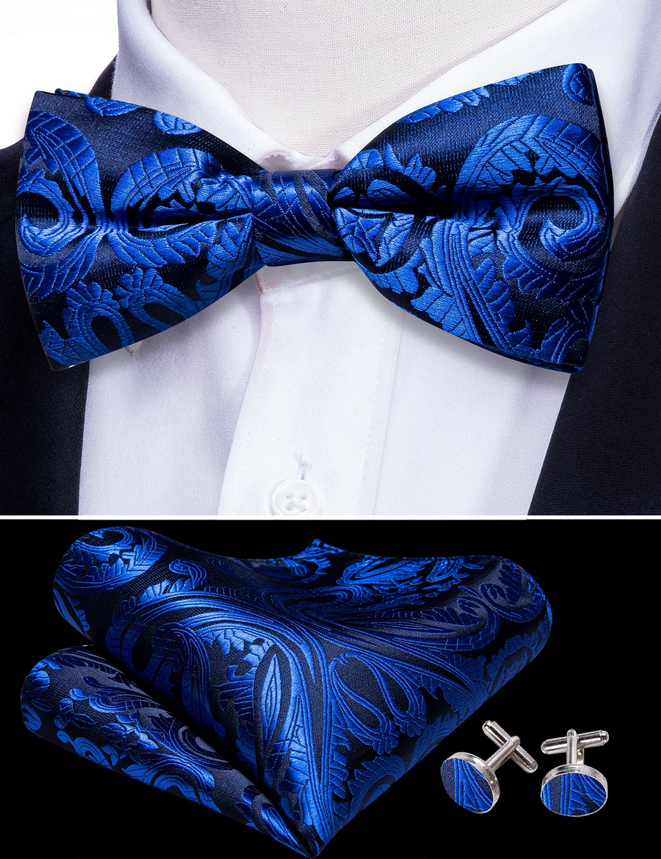  Bright Blue Paisley Pre-tied Bow Tie Hanky Cufflinks Set