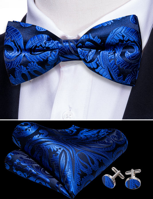  Bright Blue Paisley Pre-tied Bow Tie Hanky Cufflinks Set