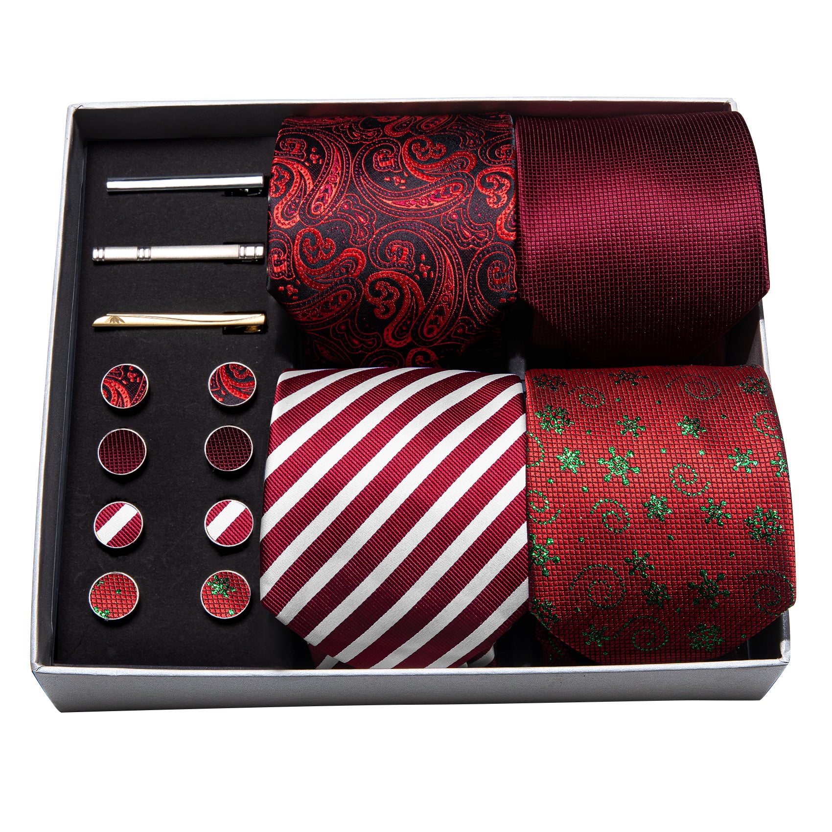 4pcs Men Tie Red Floral Silk Men Wedding Necktie Pocket Square Gift Box Set