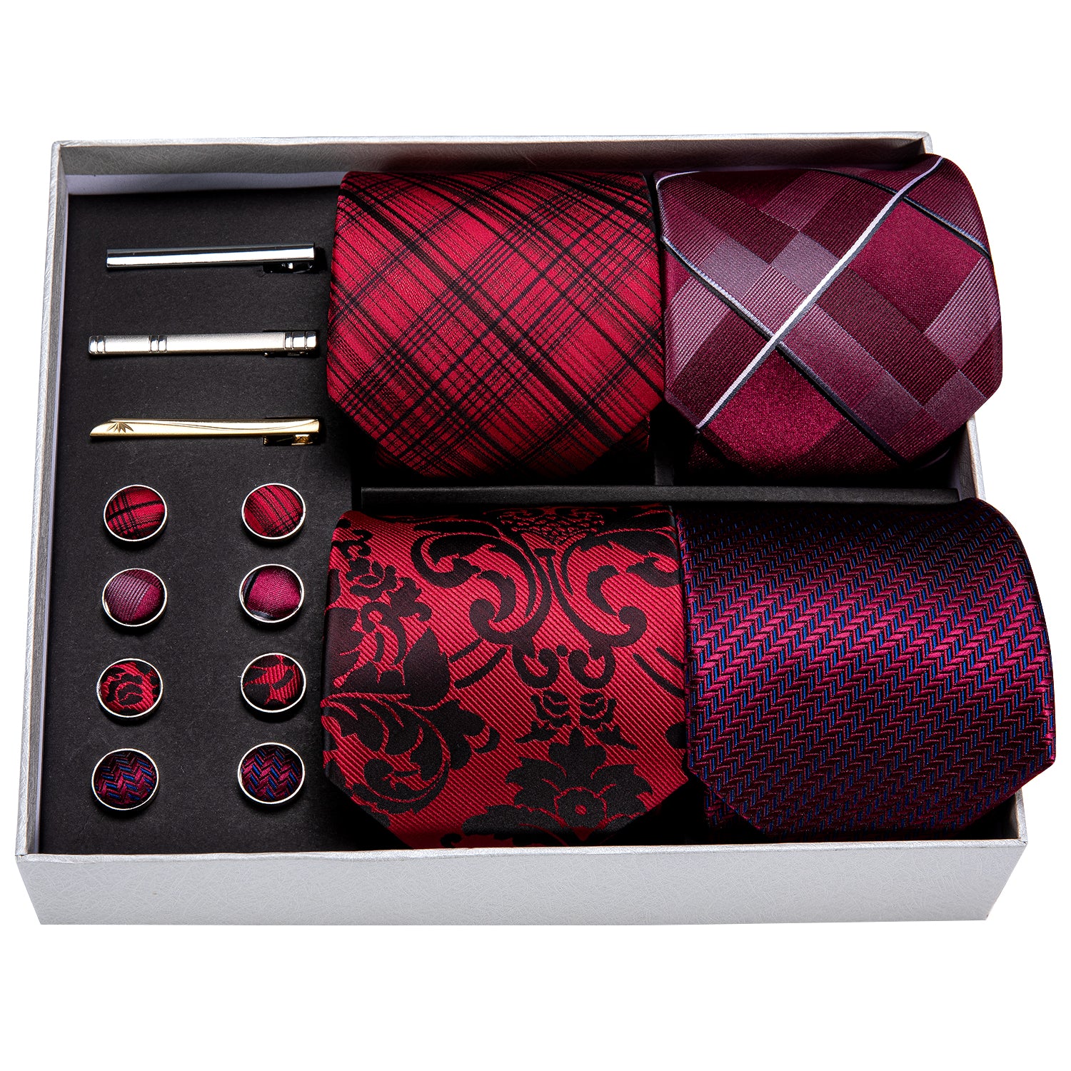 4pcs Mens Red Paisley Silk Mens Necktie Pocket Square Cufflinks Clip Gift Box Set