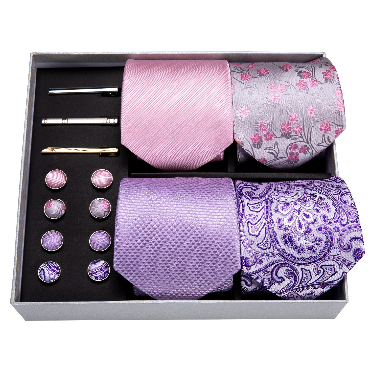4pcs Men Pink Purple Floral Silk Mens Necktie Pocket Square Cufflinks Clip Gift Box Set silk neckties mens navy tie