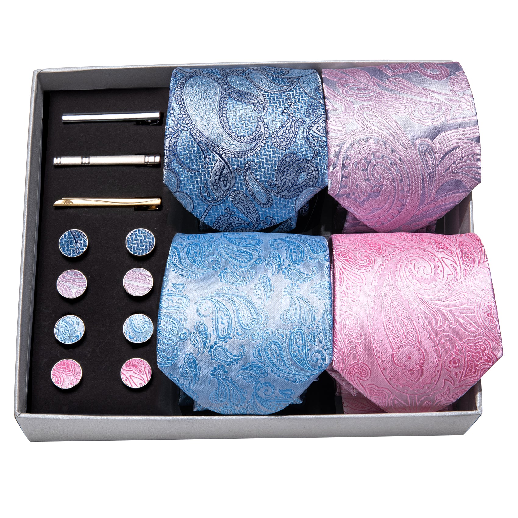 4pcs Men Tie Blue Pink Paisley Silk Men Wedding Necktie Pocket Square Gift Box Set