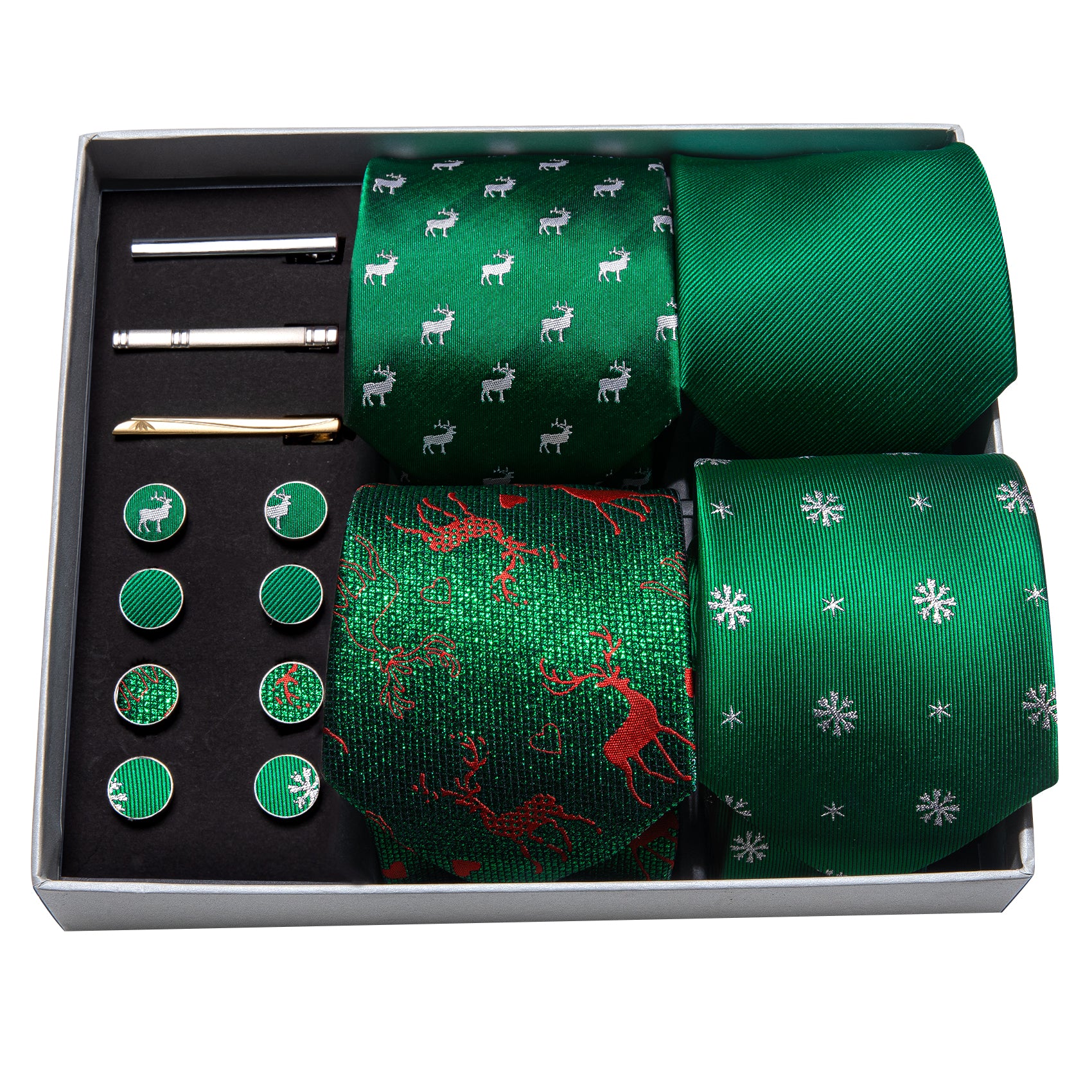 4pcs Men Tie Green Floral Silk Men Wedding Necktie Pocket Square Gift Box Set