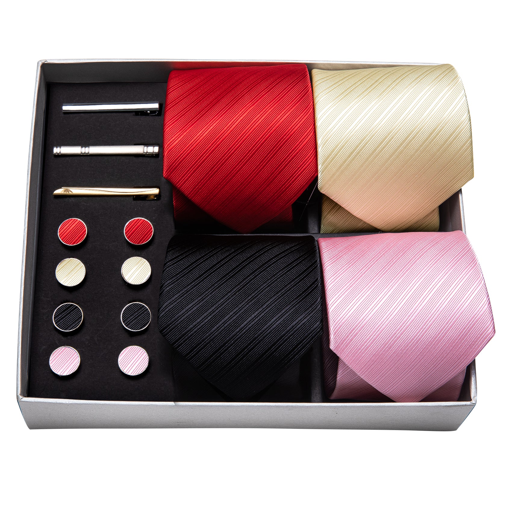 4pcs Men Tie Striped Silk Men Wedding Necktie Pocket Square Gift Box Set