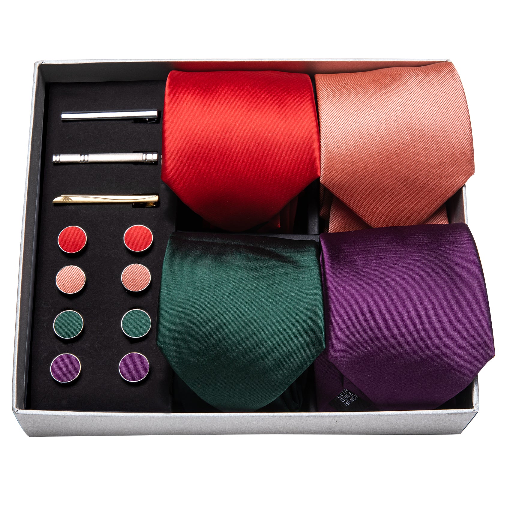 4pcs Men Tie Solid Silk Men Wedding Necktie Pocket Square Gift Box Set