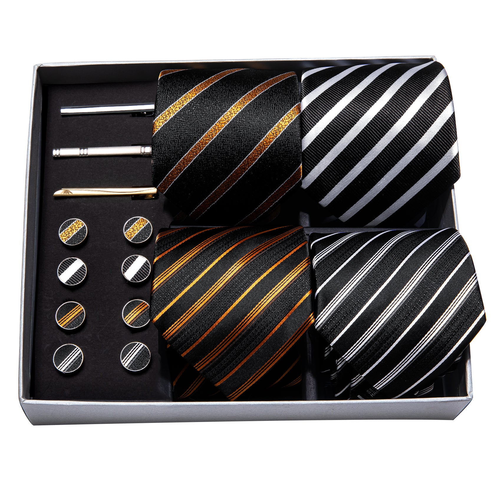 4pcs Men Tie Black Striped Silk Men Wedding Necktie Pocket Square Gift Box Set