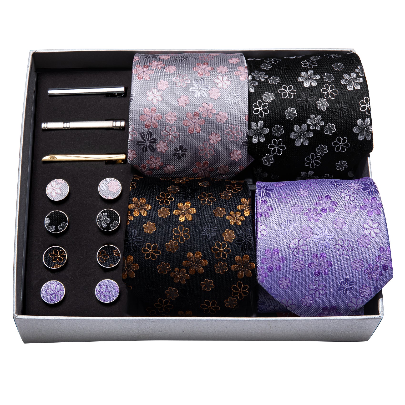 4pcs Men Tie Flower Silk Men Wedding Necktie Pocket Square Gift Box Set