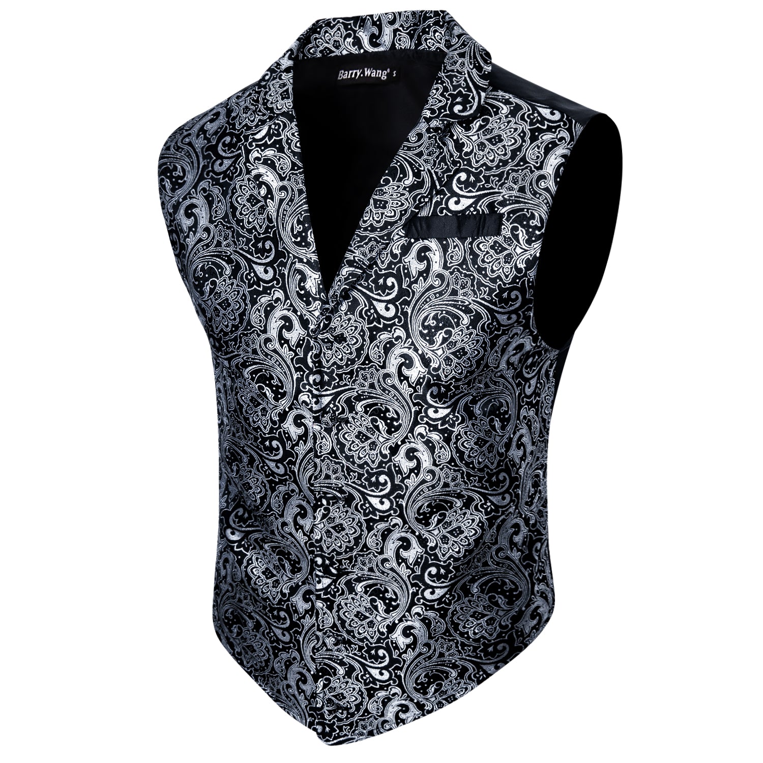 Barry.wang Men's Vest Black White Jacquard Floral Silk Waistcoat Vest