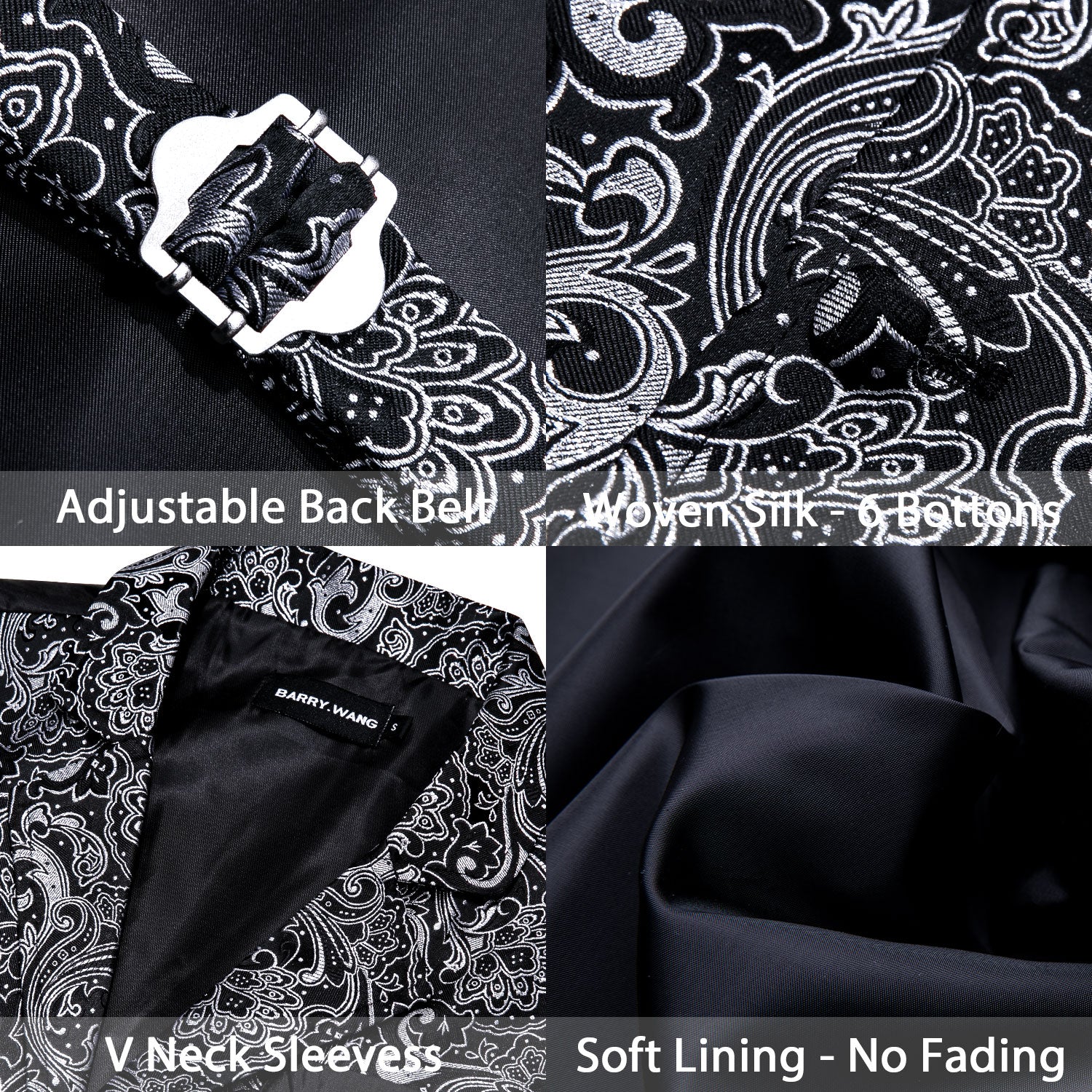 Barry.wang Men's Vest Black White Jacquard Floral Silk Waistcoat Vest