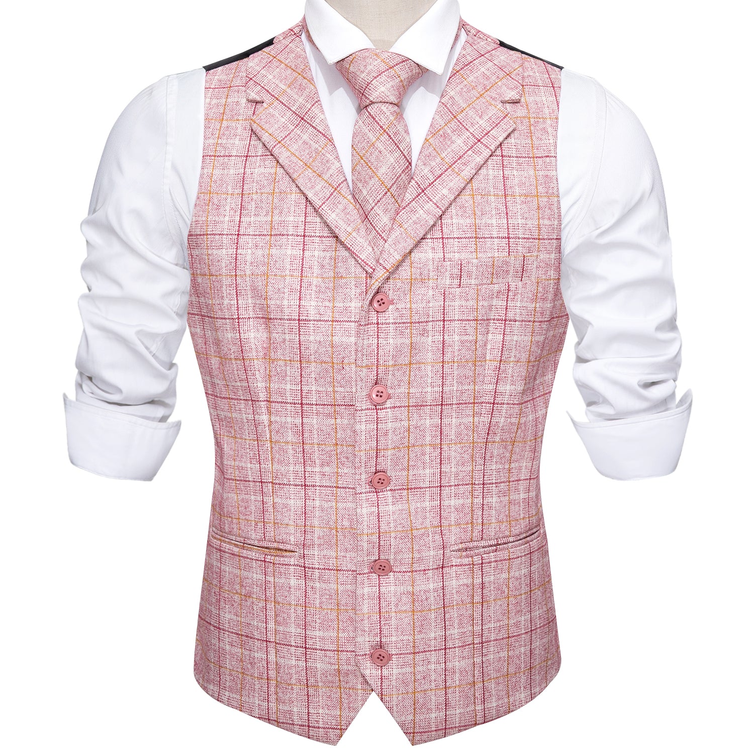  Luxury Men's Novelty Pink Plaid Silk Vest Necktie Set