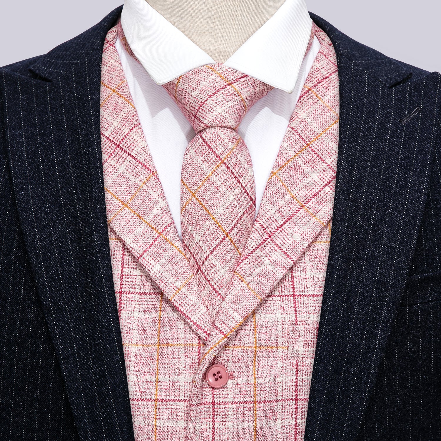 Luxury Men's Novelty Pink Plaid Silk Vest Necktie Set