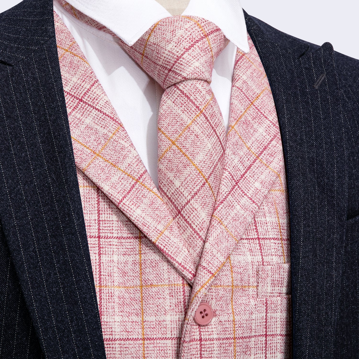 Luxury Men's Novelty Pink Plaid Silk Vest Necktie Set