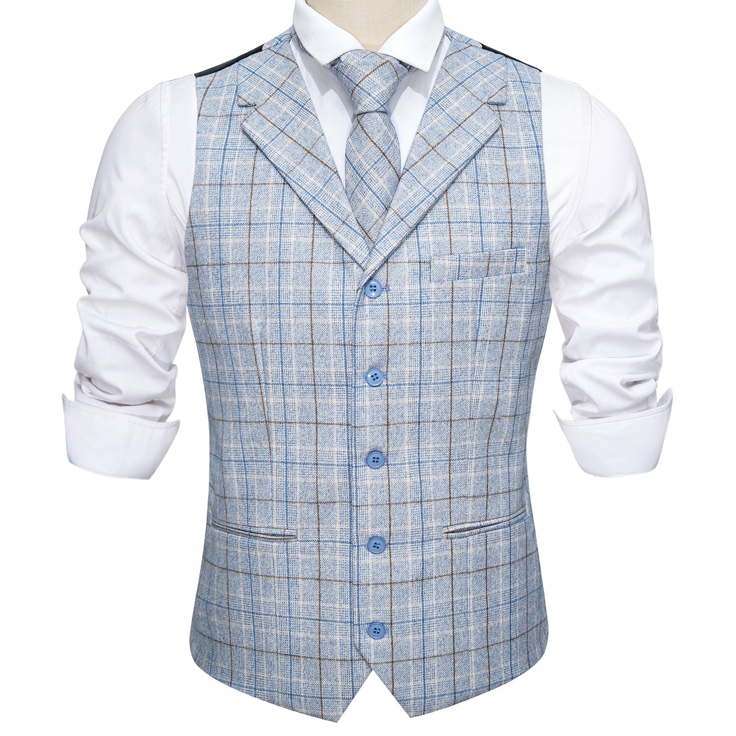 Luxury Men's Novelty Blue Plaid Silk Vest Necktie Set