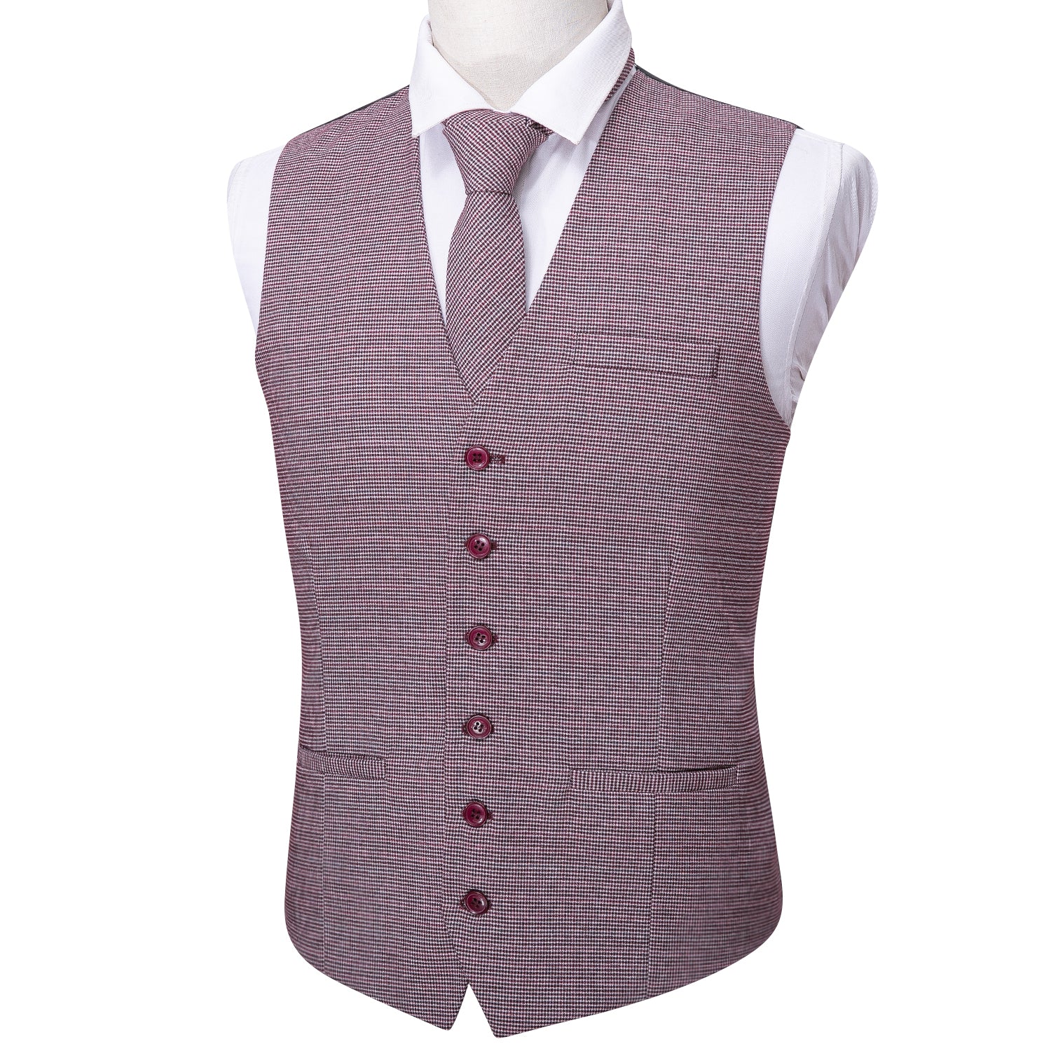 Novelty Pink Houndstooth Silk Vest Necktie Set for Wedding