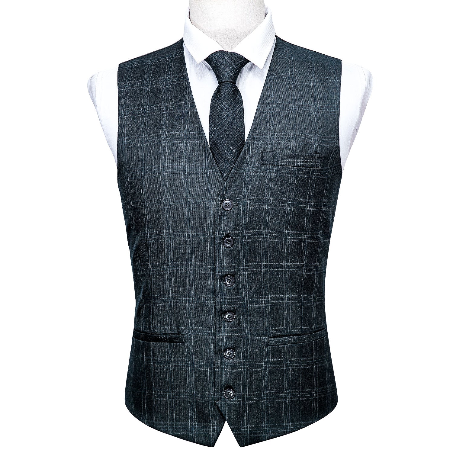 Novelty Deep Grey Plaid Silk Vest Necktie Set for Wedding