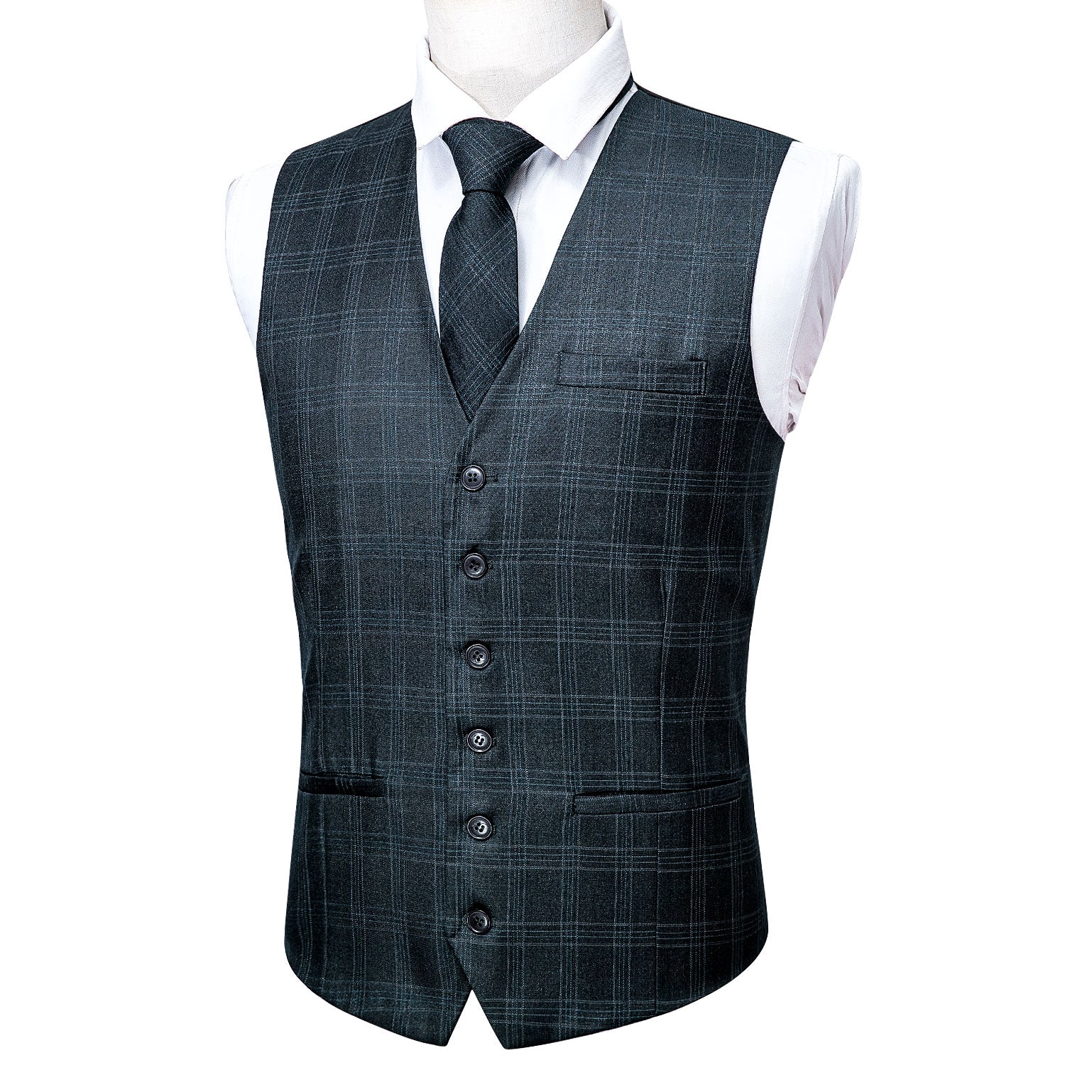 Novelty Deep Grey Plaid Silk Vest Necktie Set for Wedding