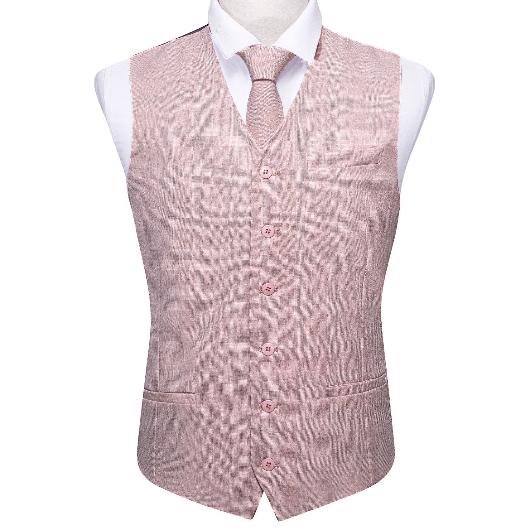 Mens Pink Solid V-Neck Vest Necktie Set