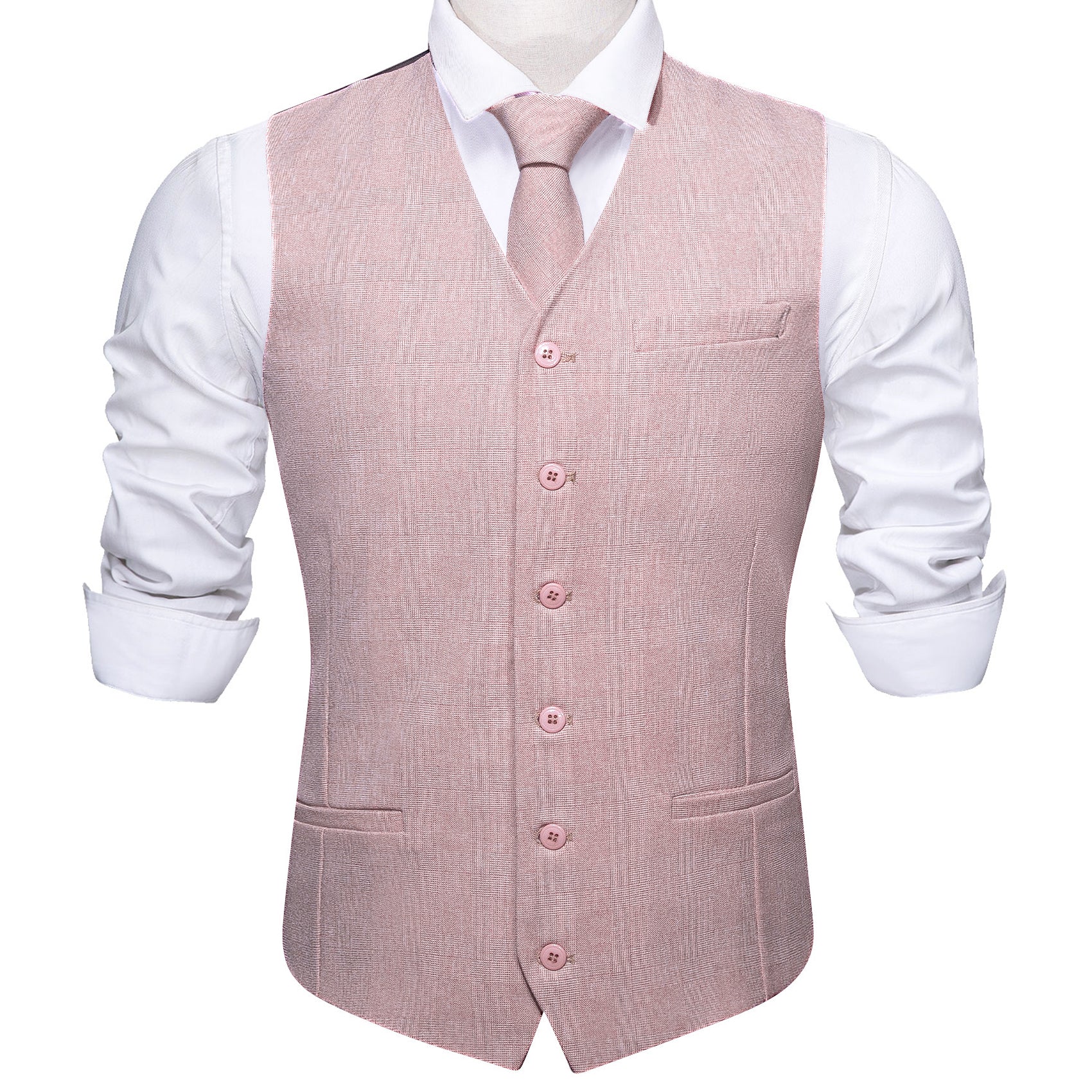 Mens Pink Solid V-Neck Vest Necktie Set