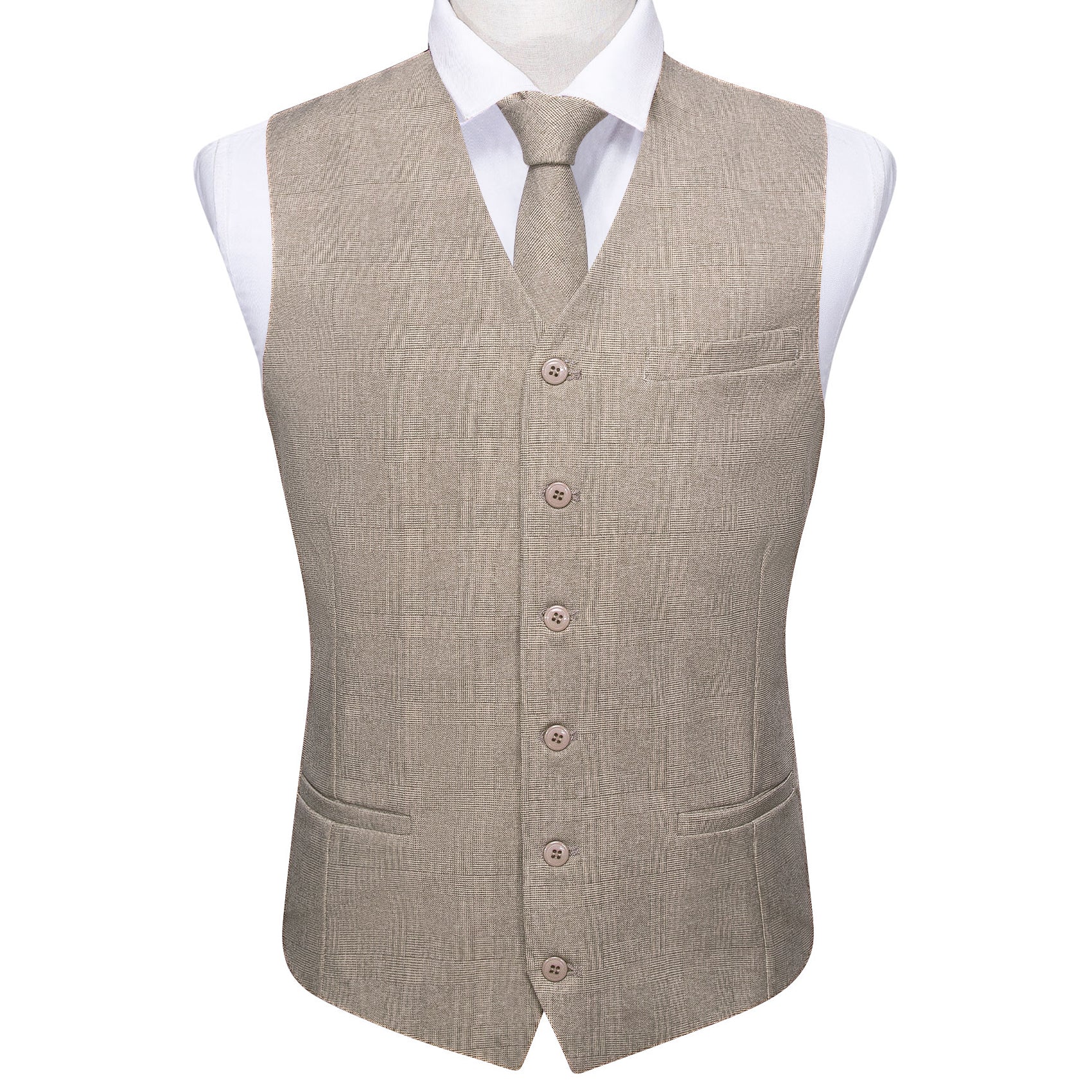 Mens Khaki Solid V-Neck Vest Necktie Set