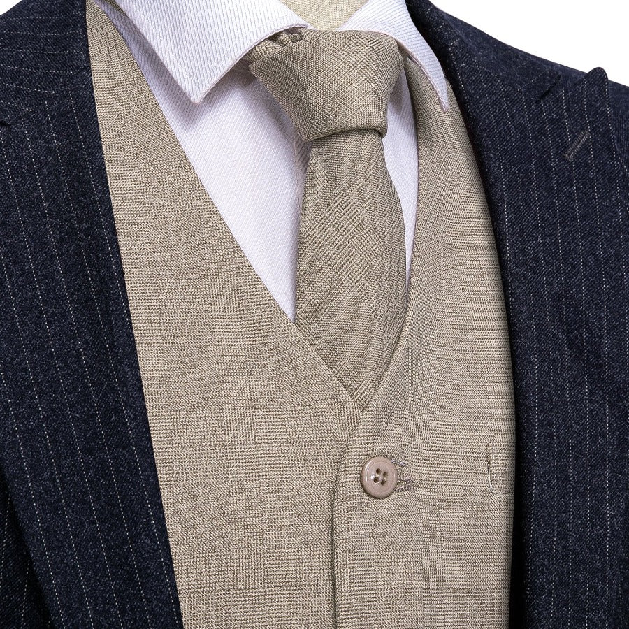 Mens Khaki Solid V-Neck Vest Necktie Set