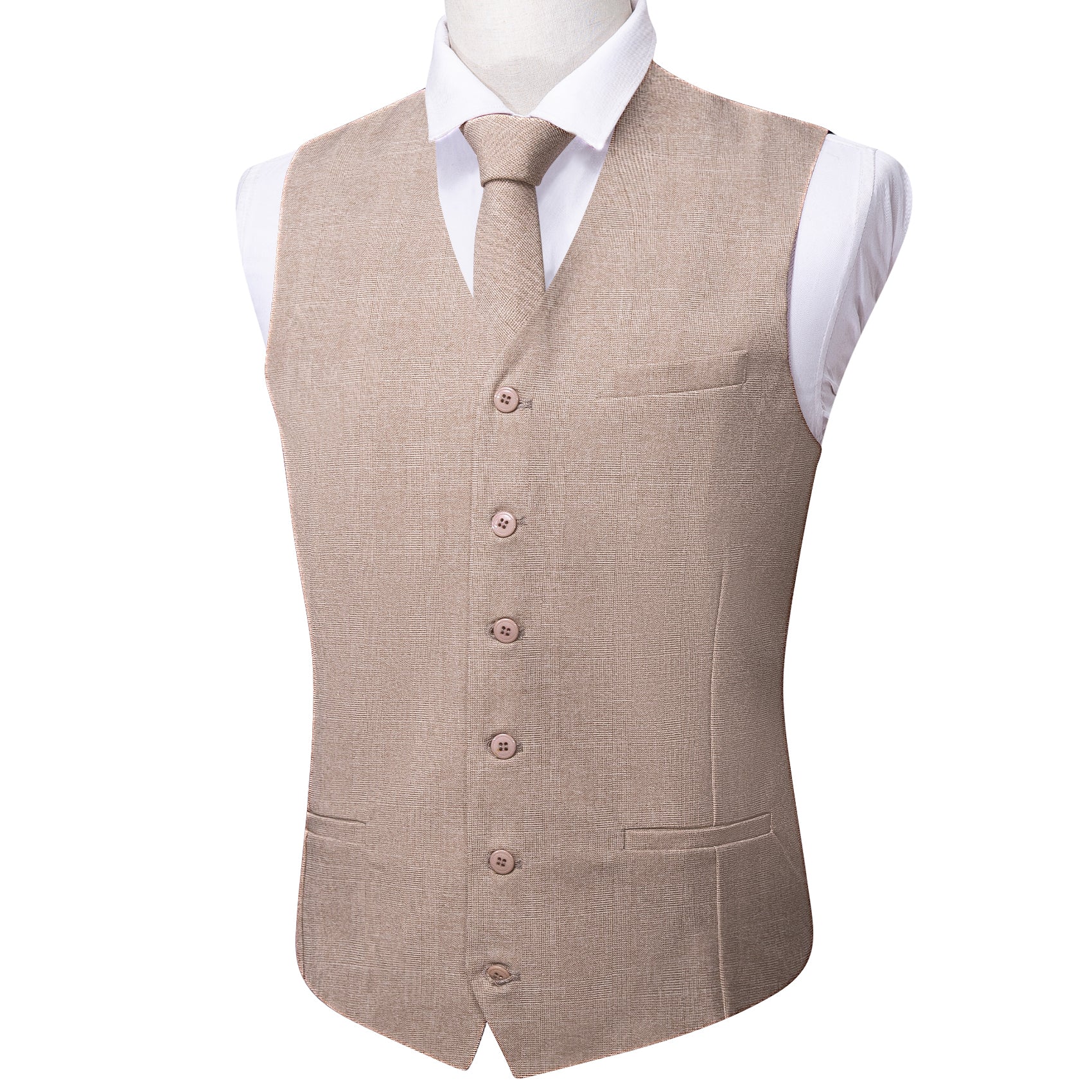 Mens Luxury Khaki Solid V-Neck Vest Necktie Set