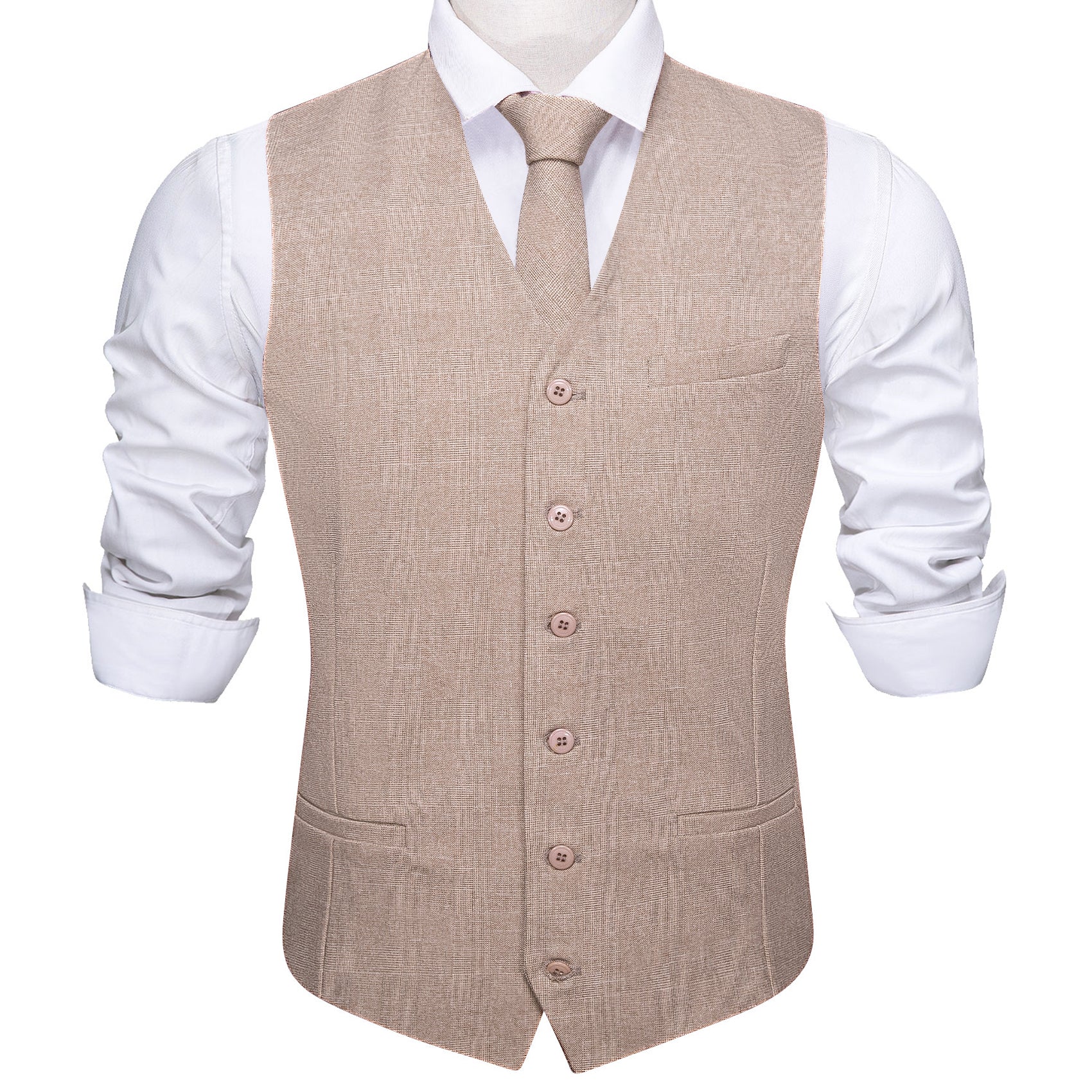 Mens Luxury Khaki Solid V-Neck Vest Necktie Set