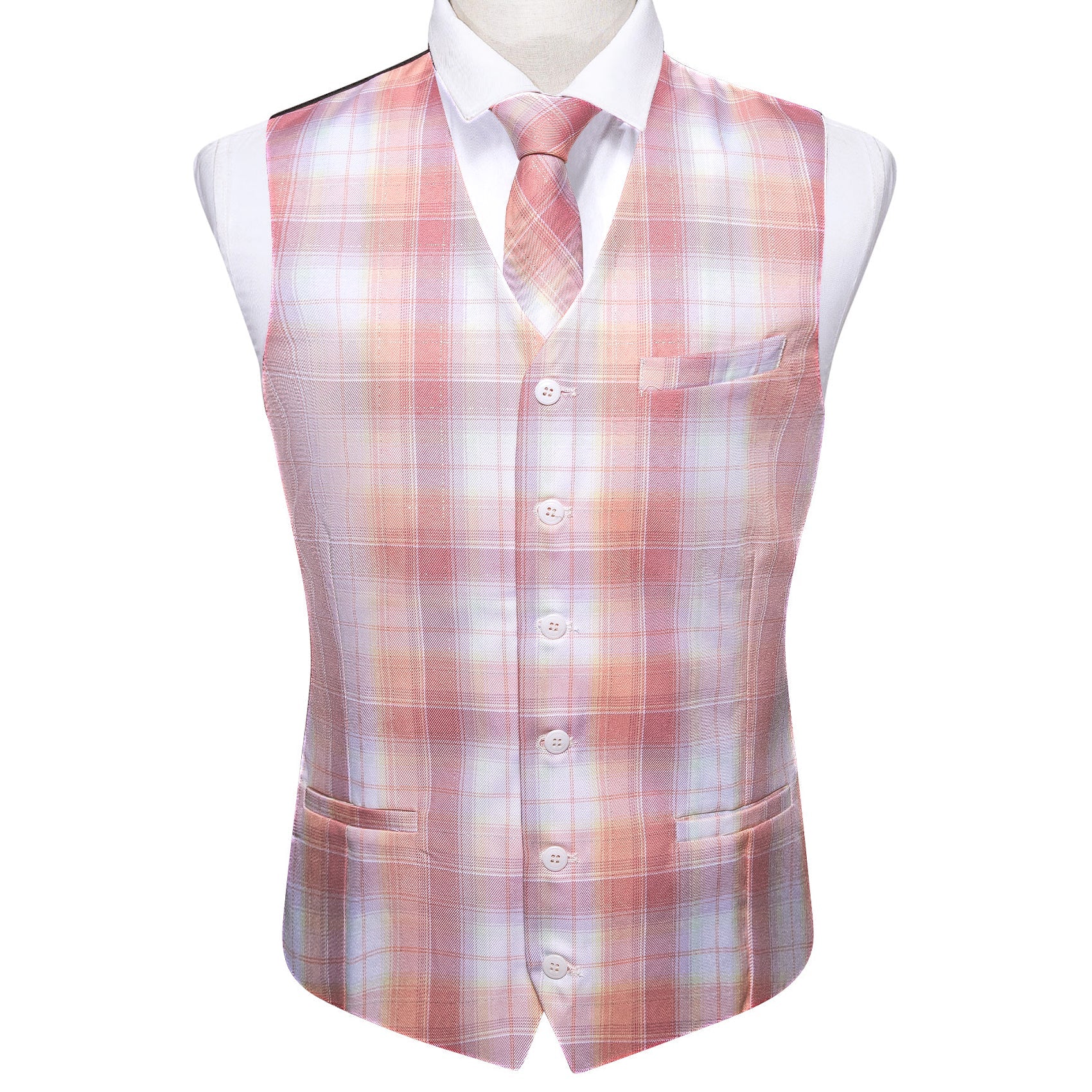 Mens Luxury Pink White Plaid V-Neck Vest Necktie Set
