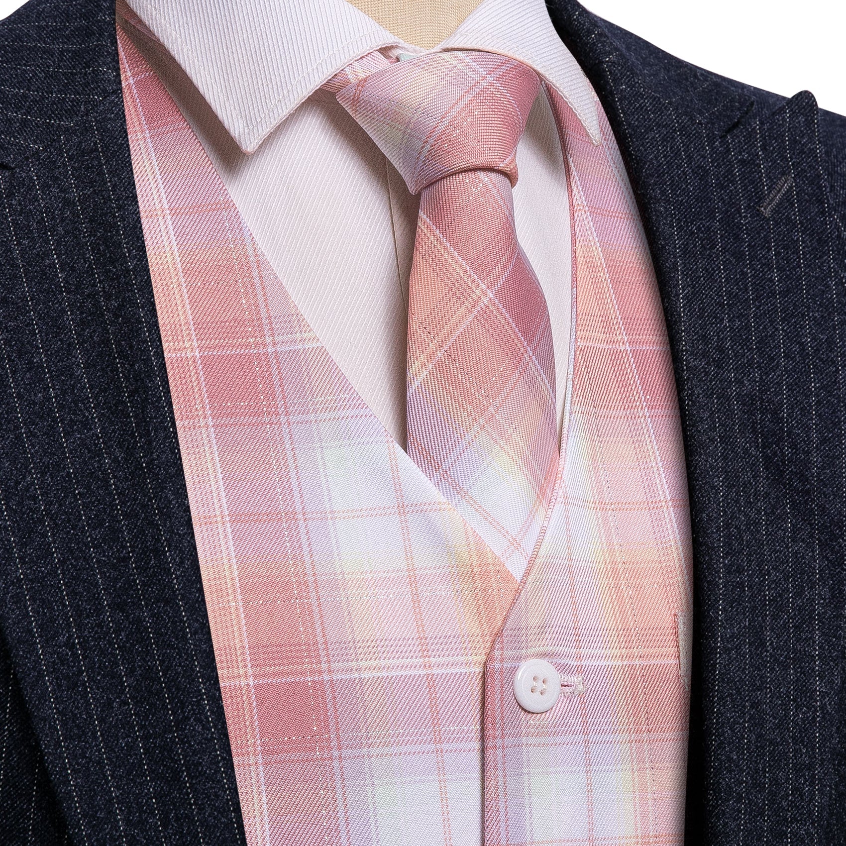 Mens Luxury Pink White Plaid V-Neck Vest Necktie Set