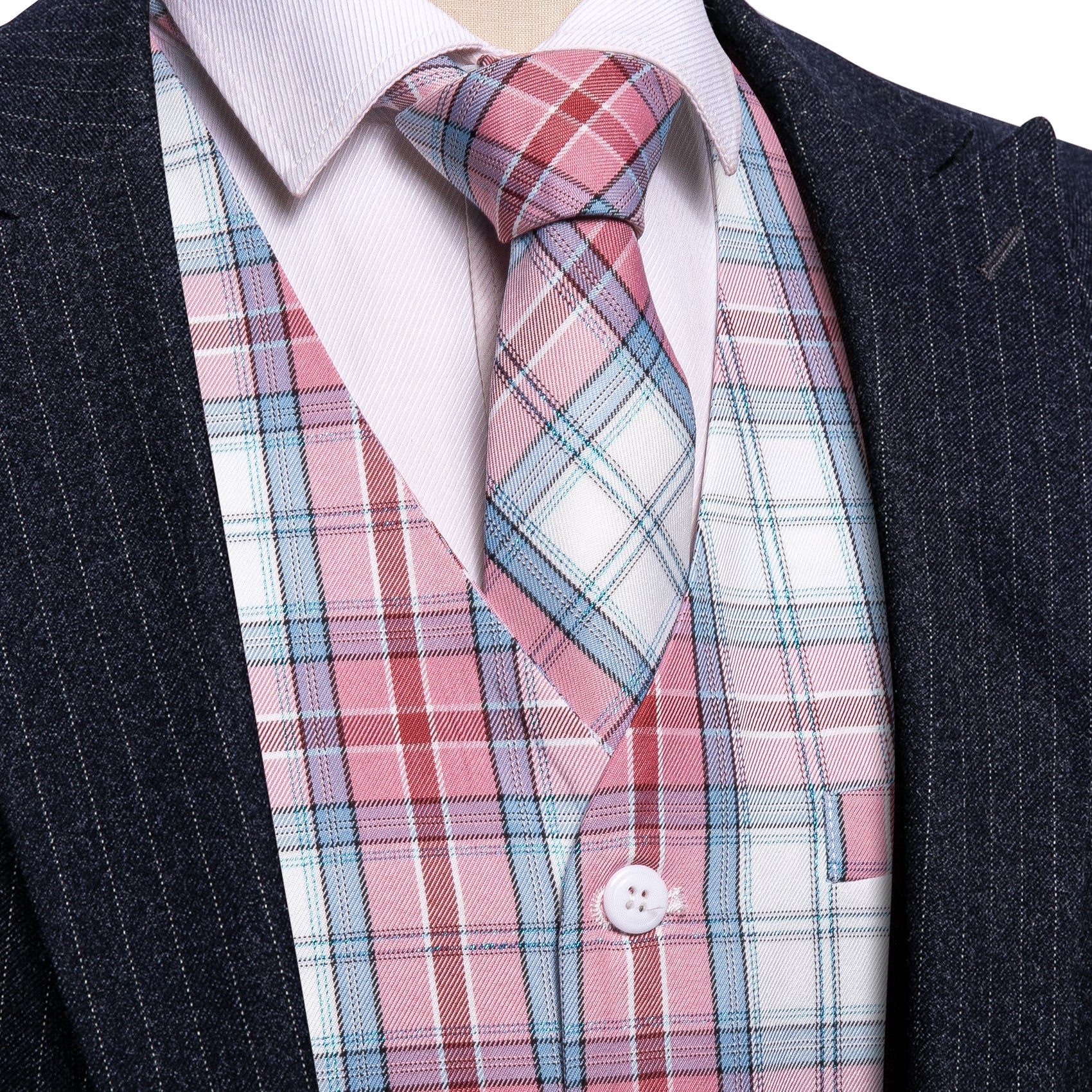Mens Luxury Pink Blue Plaid V-Neck Vest Necktie Set