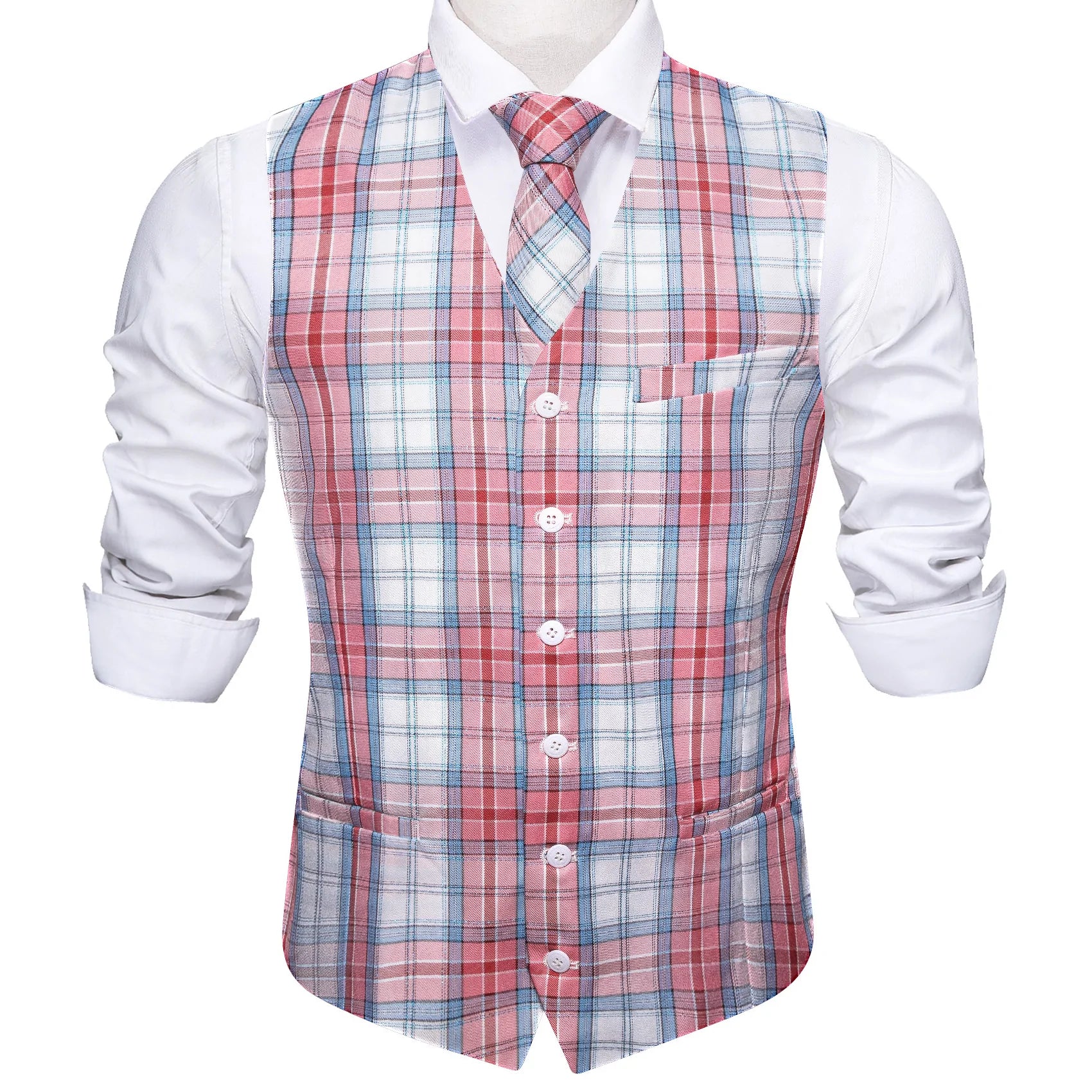 Barry.wang Men's Work Vest Pink Blue Plaid V-Neck Vest Necktie Set for Men Luxury