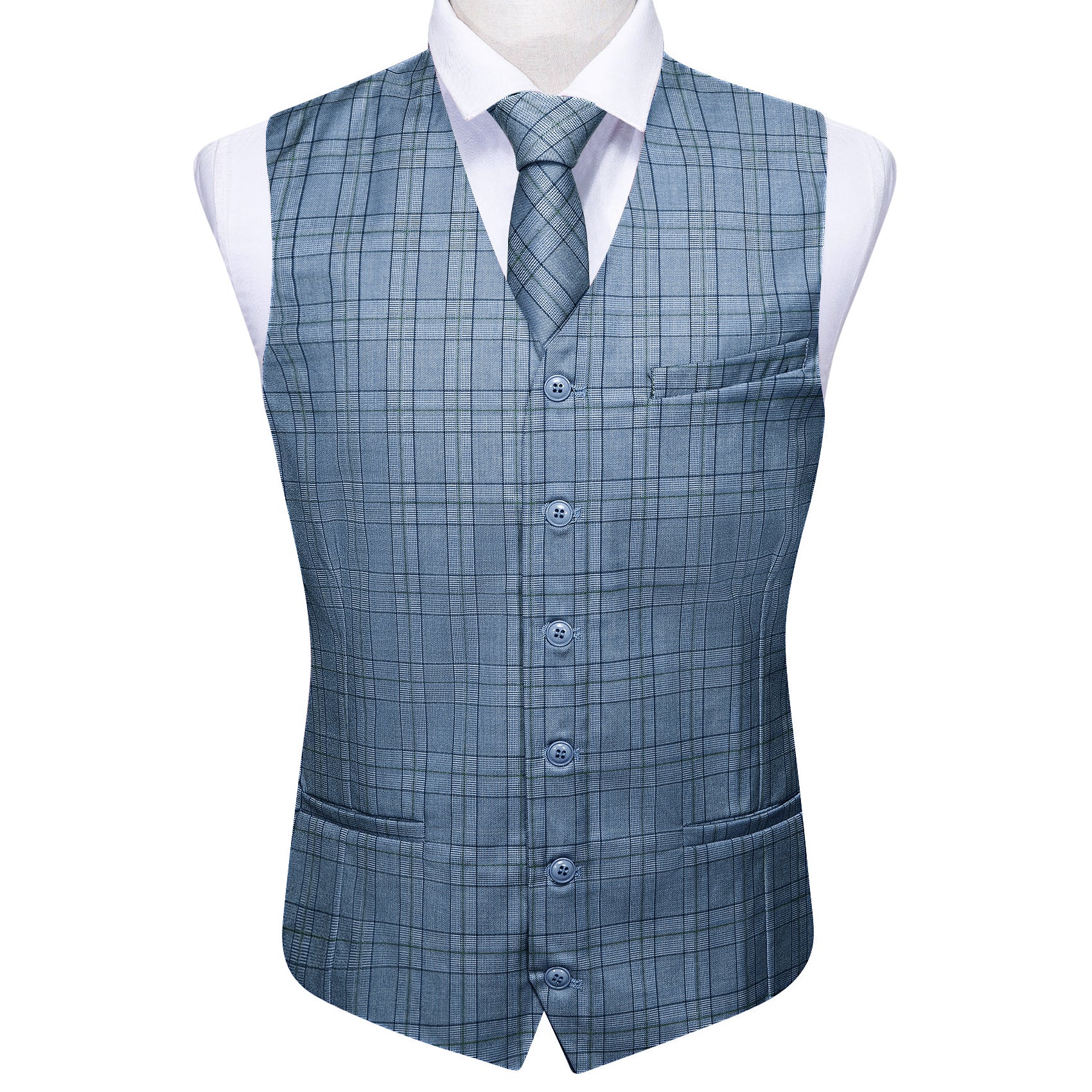 Classy Blue Black Plaid Vest Necktie Set
