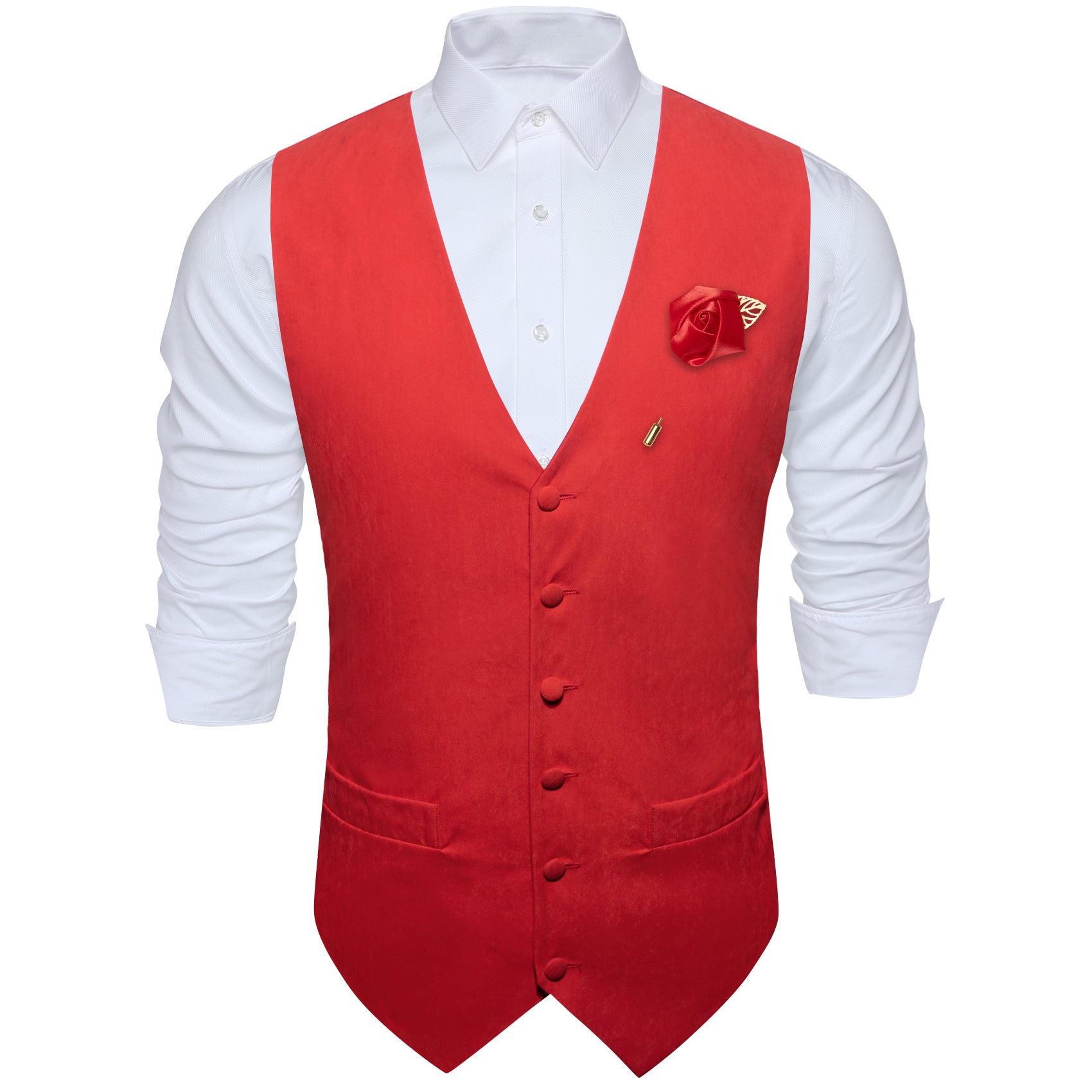 Men's Red Solid Silk Waistcoat Vest with Lapel Pin