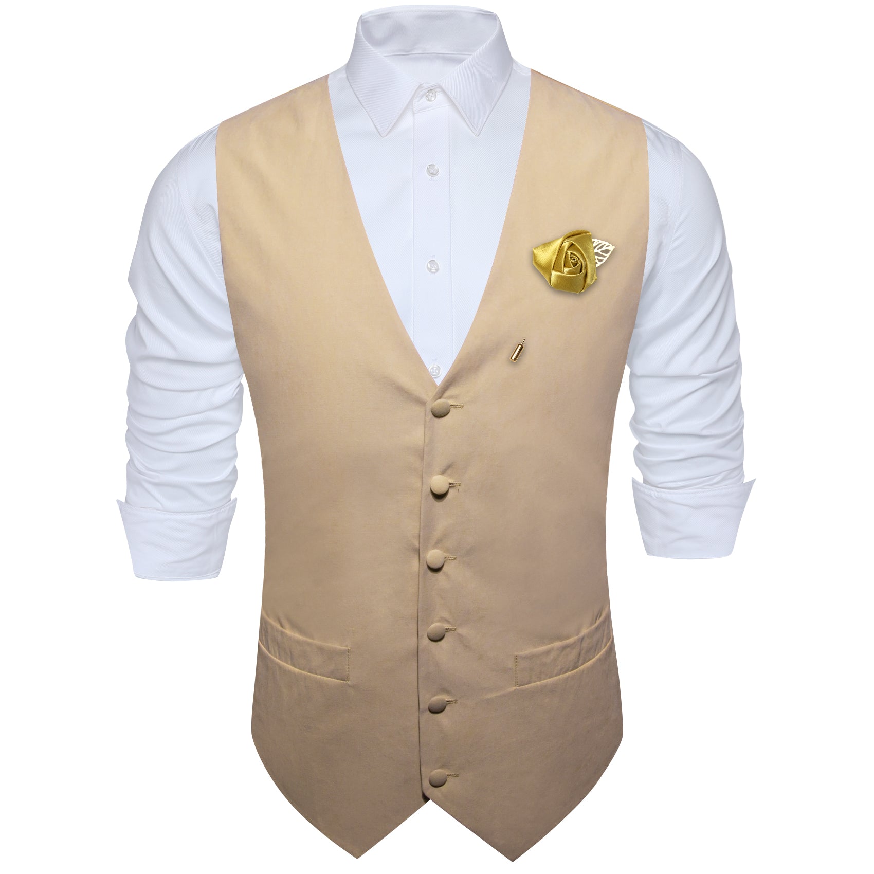 Men's Yellow Solid Silk Waistcoat Vest with Lapel Pin
