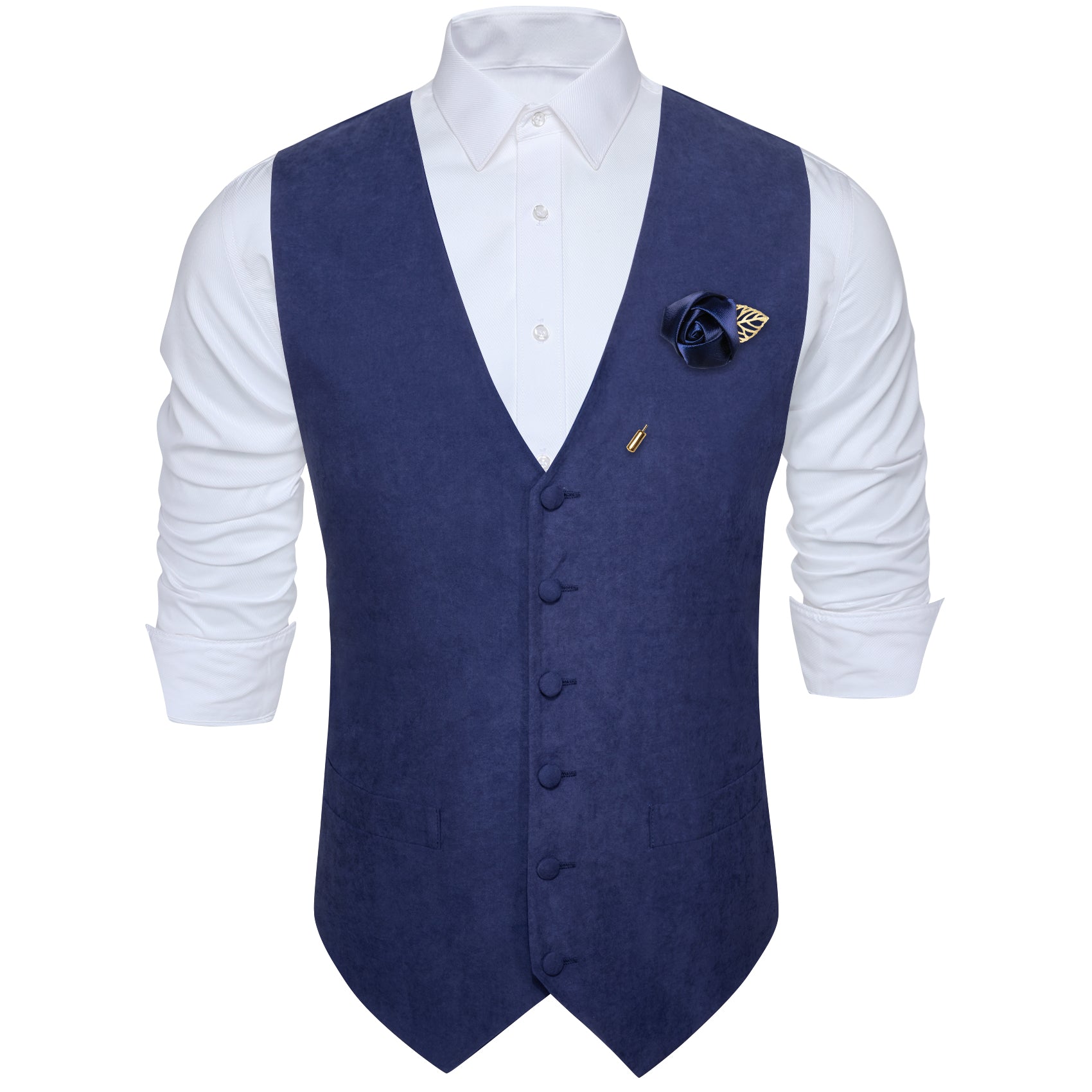 Men's Blue Solid Silk Waistcoat Vest with Lapel Pin