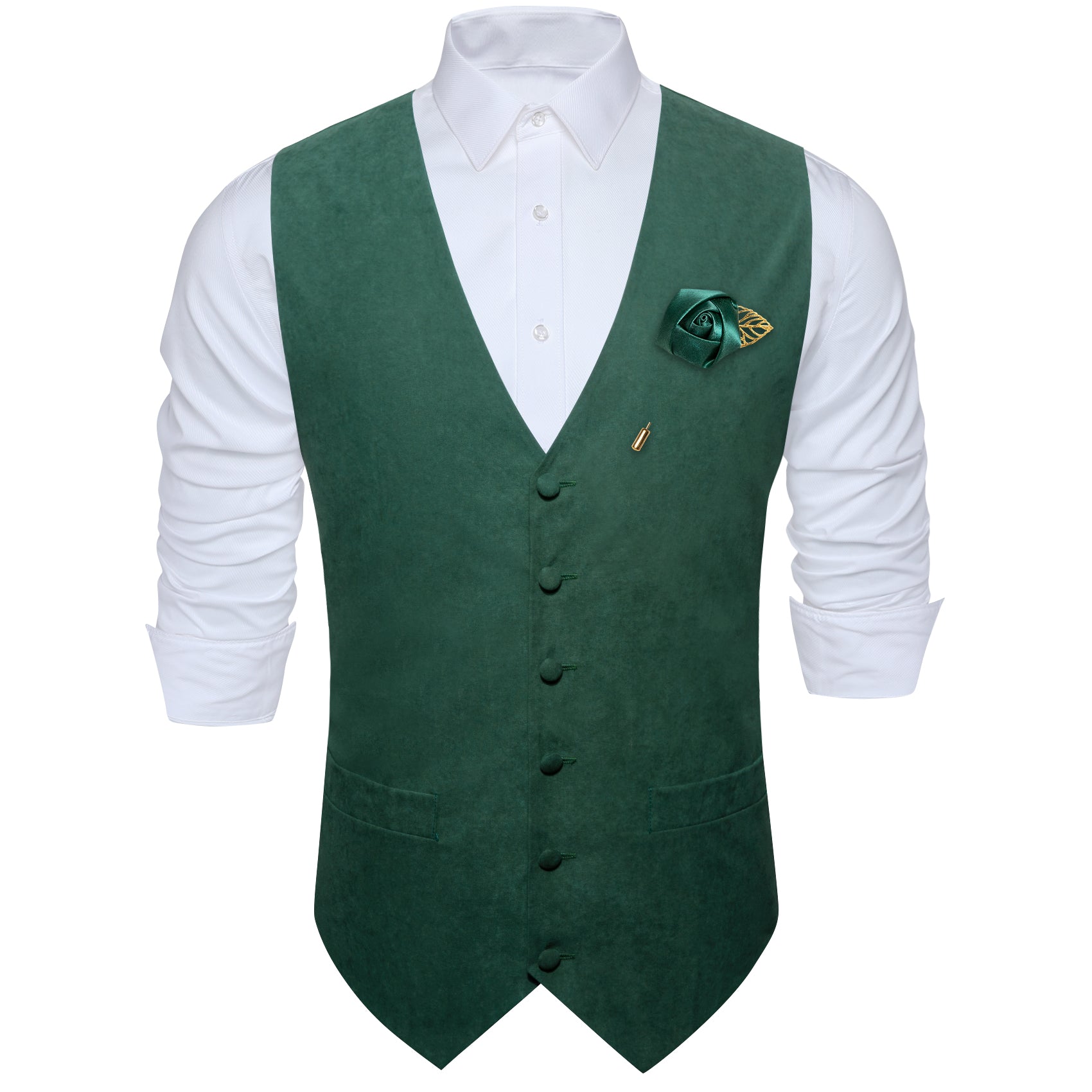 Men's Emerald Black Solid Silk V-Neck Waistcoat Vest with Lapel Pin