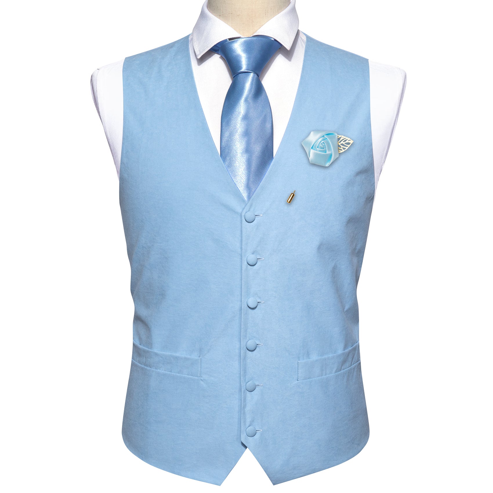 Men's Pale Blue Solid Silk Waistcoat Vest with Lapel Pin