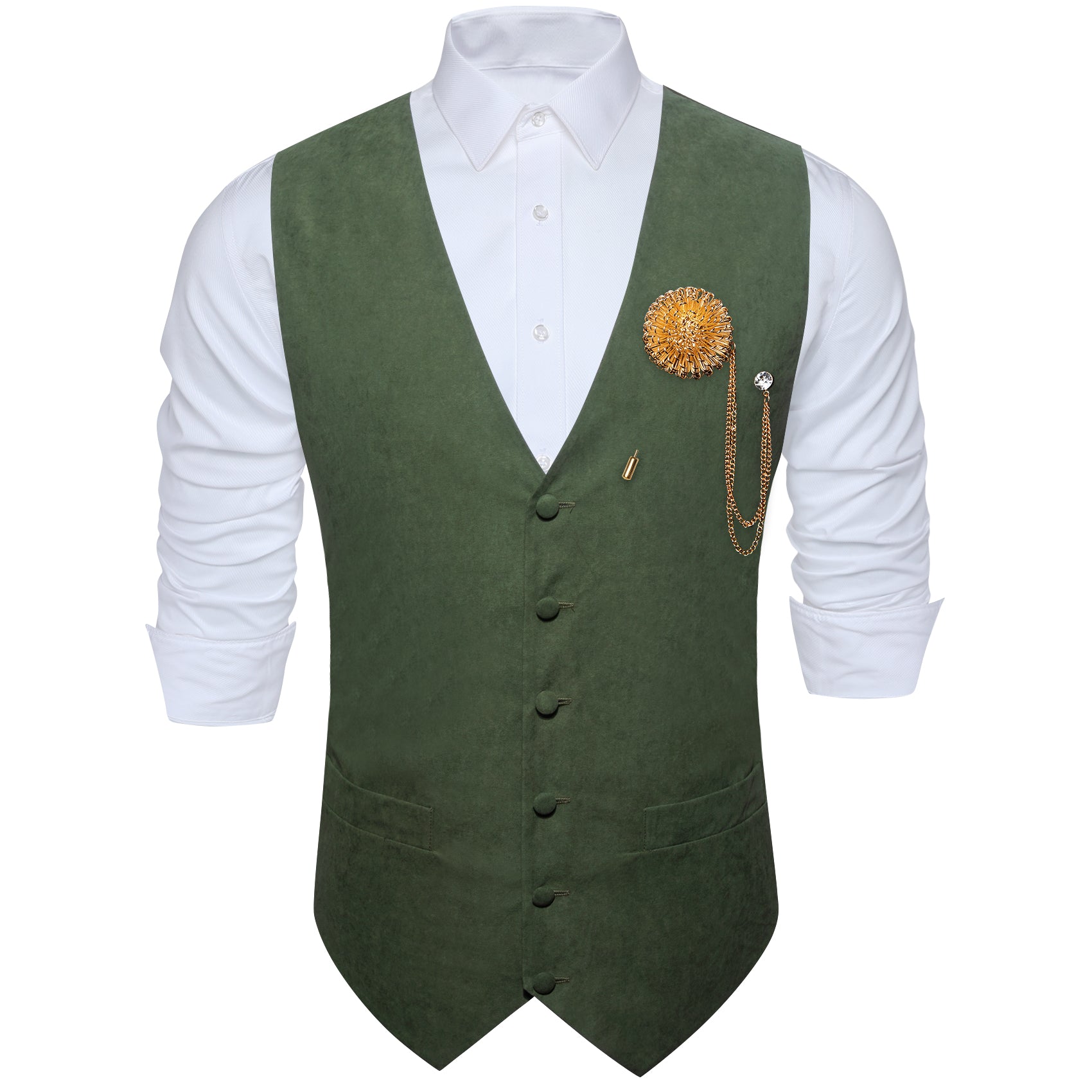 Men's Green Solid Silk Waistcoat Vest with Lapel Pin