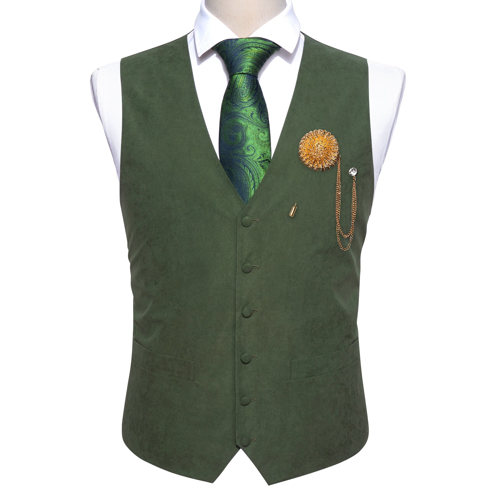 Men's Green Solid Silk Waistcoat Vest with Lapel Pin