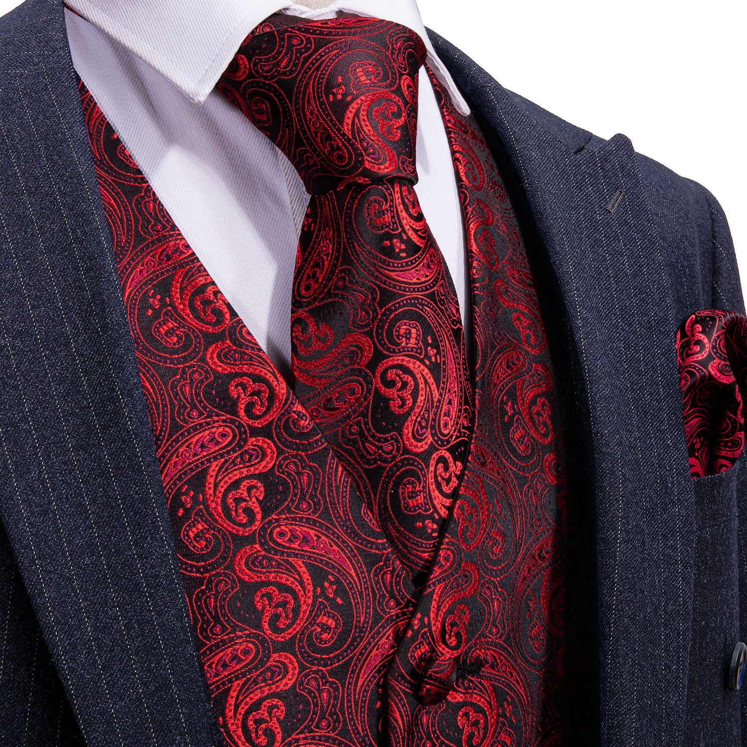 Men's Red Floral Silk Vest Necktie Pocket square Cufflinks