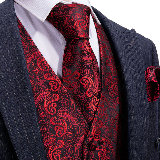 black vest mens red paisley jacquard waistcoat