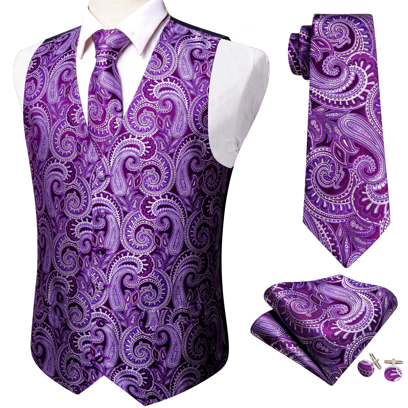 Men's  Purple Paisley Silk Vest Necktie Pocket square Cufflinks